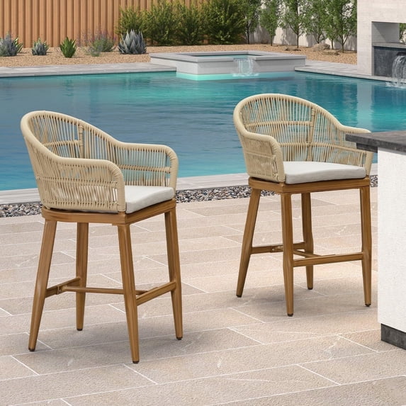 PURPLE LEAF Outdoor Counter Height Bar Stools Set of 2, Patio Woven Aluminum Barstools Bar Chairs with Back and Cushions for Balcony Garden Indoor Kitchen Outside, Teak