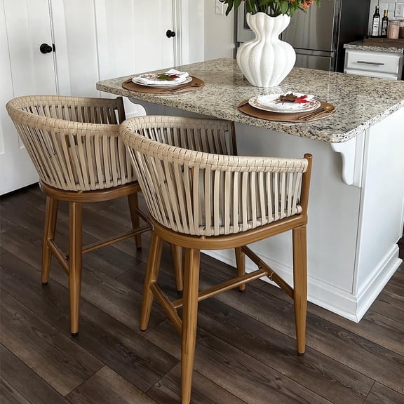 PURPLE LEAF Outdoor Counter Height Bar Stools Set of 2, Patio Woven Aluminum Barstools Bar Chairs with Back and Cushions for Balcony Garden Indoor Kitchen Outside, Teak