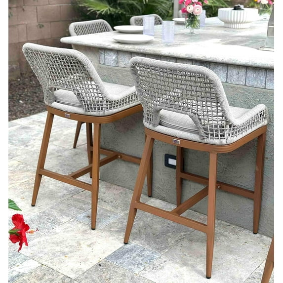 PURPLE LEAF Counter Height Outdoor Bar Stools Set of 2, Rattan Woven Aluminum Boho Style with Back and Cushion, All-Weather, for Garden, Kitchen Island, Patio