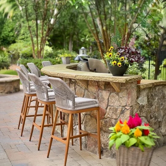 PURPLE LEAF Outdoor Counter Stools Chair Set of 2 Modern Patio Metal Stools with Backrest and Footrest for Garden Balcony Pool, Cushions Included, Twill