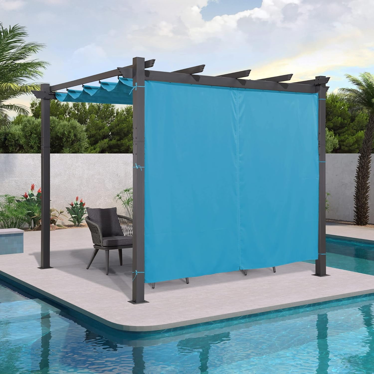 PURPLE LEAF Outdoor Curtains Privacy for 10' Side Pergola with Grommets and Rod Outside Porch Shade Patio Deck Retractable Replacement Gazebo Cabana Curtain Set of 2 Panels 49 x 82 inch Blue