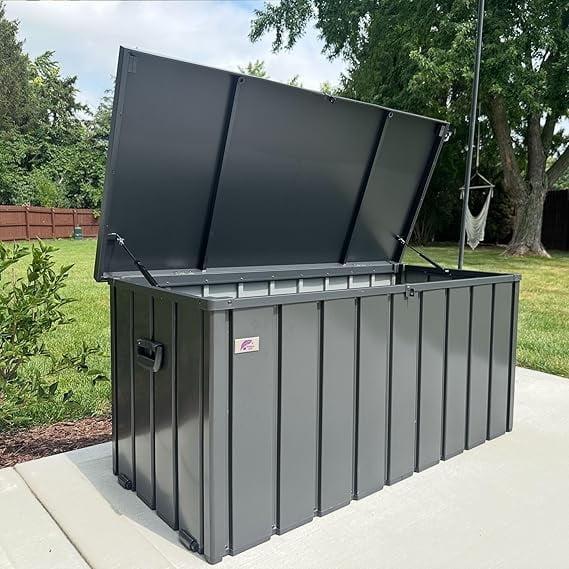 PURPLE LEAF Outdoor Deck Box 100 Gallon Waterproof Lockable Storage Box Container with Lid Deck Organization for Patio Cushions Side Table Pool Accessories Garden Tools, Gray