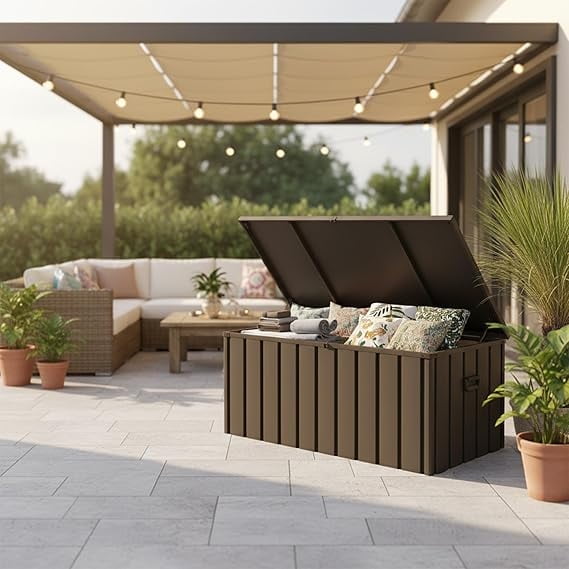 PURPLE LEAF Outdoor Deck Box 150 Gallon Waterproof Lockable Storage Box Container with Lid Deck Organization for Patio Cushions Side Table Pool Accessories Garden Tools, Brown