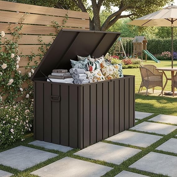Purple Leaf 160 gallon brown outdoor deck box with lid, waterproof lockable storage for patio cushions