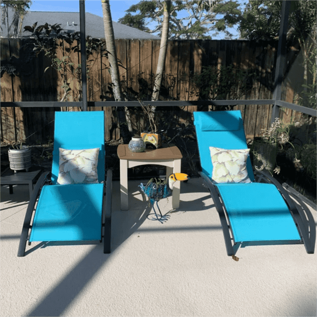 Purple Leaf Patio Chaise Lounge Set of 3 Outdoor Lounge Chair Beach Pool Sunbathing Lawn Lounger Recliner Chiar Outside Tanning Chairs with Arm for All Weather, Side Table Included, Turquoise Blue