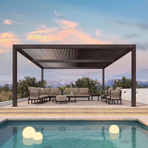 PURPLE LEAF 12' x 16' Louvered Pergola Outdoor Adjustable Louvre Shade Modern Aluminum Retractable Hardtop Roof for Deck Backyard Garden Bronze