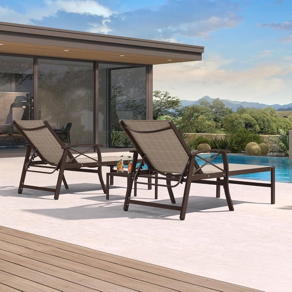 PURPLE LEAF Outdoor Oversized Chaise Lounge Chair Set of 2 Patio Pool Lounger Aluminum Chairs with Side Table and Wheels Adjustable Tanning Recliner with Armrests for Outside Backyard Beach, Khaki