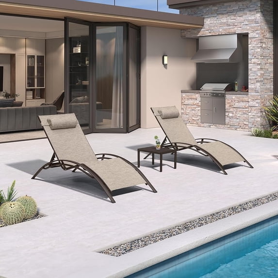 PURPLE LEAF Outdoor Oversized Chaise Lounge Chair Set of 3 Patio Pool Lounger Bronze Aluminum Chairs with Side Table Adjustable Tanning Recliner for Outside Backyard Yard Deck Beach Ivory Granite