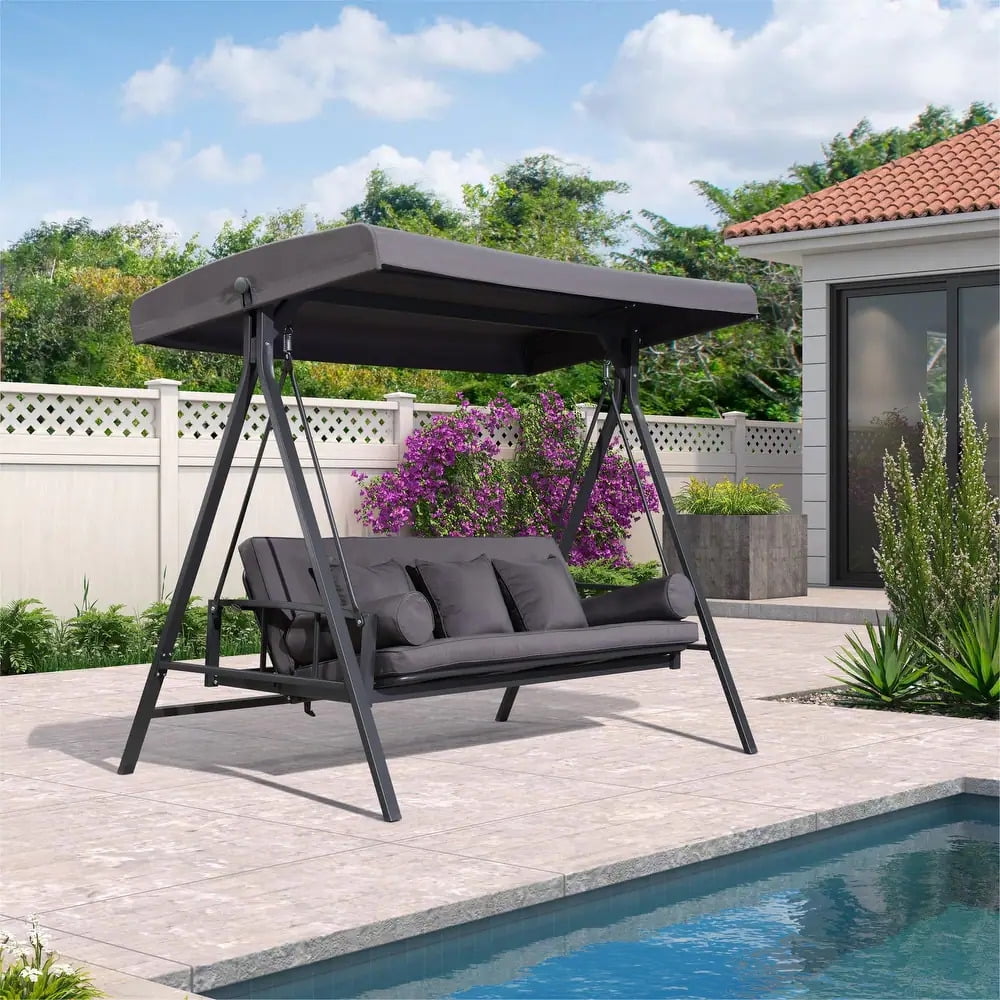 PURPLE LEAF Outdoor Patio Porch Swing Adjustable Backrest, 3Seat Swing