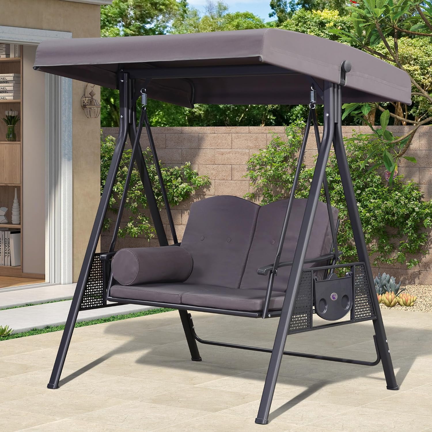 Outsunny 2 Seat Patio Swing Chair Porch Swing with Stand Natural