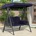 thumbnail image 1 of PURPLE LEAF Outdoor Patio Porch Swing with Stand, 2-Seat Swing Chair with Adjustable Tilt Canopy All-Weather Steel Frame for Backyard Front Porch Lawn, Cushions and Pillow Included, Navy Blue, 1 of 9
