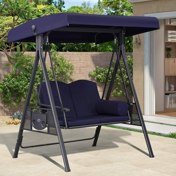 PURPLE LEAF Outdoor Patio Porch Swing with Stand, 2-Seat Swing Chair with Adjustable Tilt Canopy All-Weather Steel Frame for Backyard Front Porch Lawn, Cushions and Pillow Included, Navy Blue