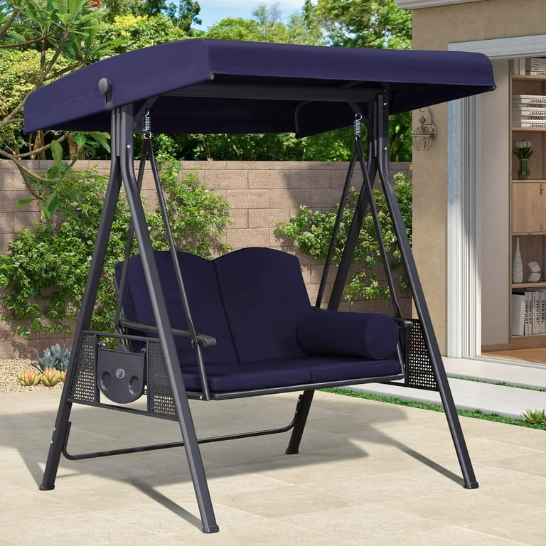 PURPLE LEAF 2-Seat Patio Swing with Stand, Adjustable Canopy