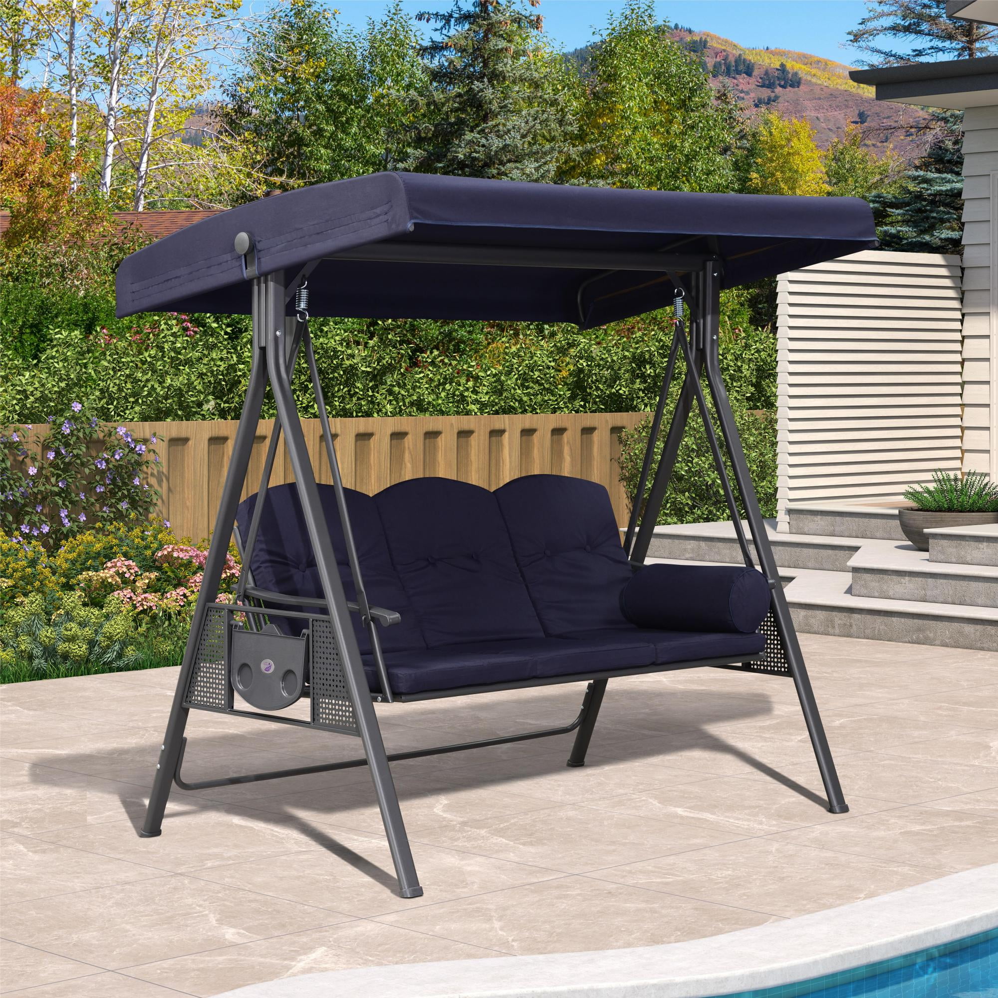 PURPLE LEAF Outdoor Patio Porch Swing with Stand 3 Seat Swing
