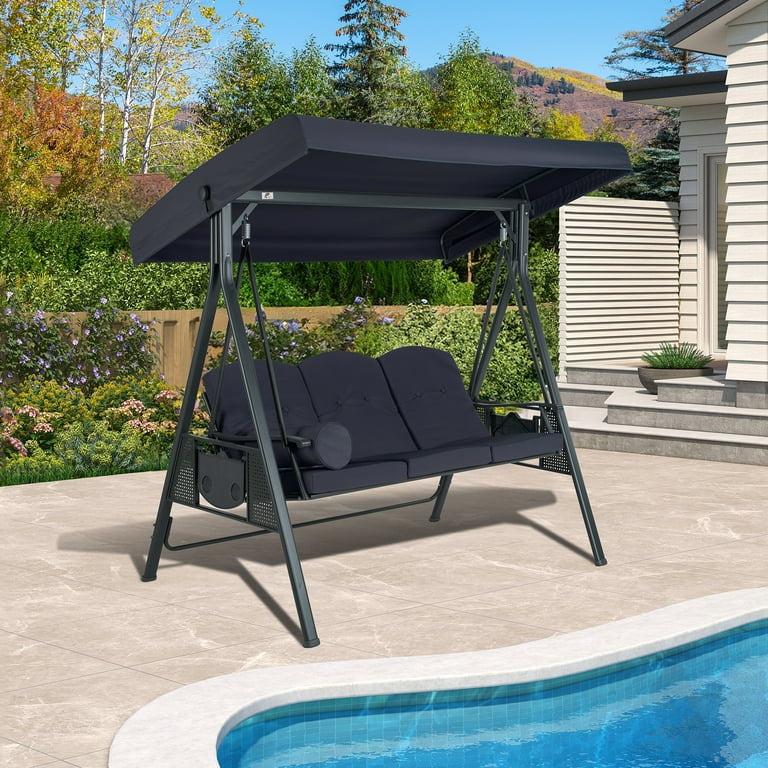 PURPLE LEAF Outdoor Patio Porch Swing with Stand, 3-Seat Swing