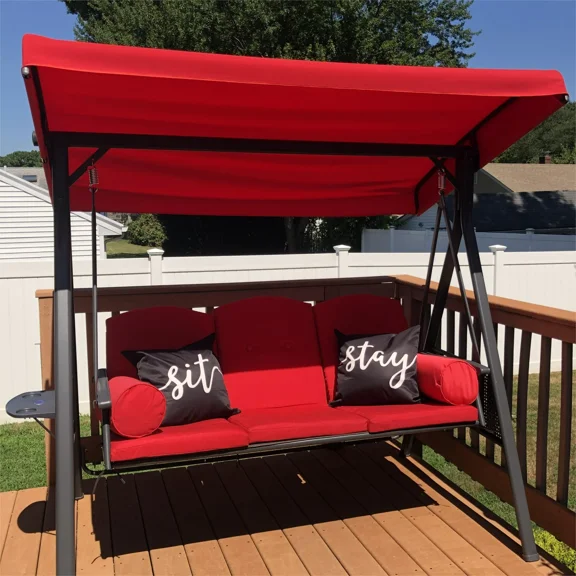 PURPLE LEAF Outdoor Patio Porch Swing with Stand, 3-Seat Swing Chair with Adjustable Tilt Canopy All-Weather Steel Frame for Backyard Front Porch Lawn, Cushions and Pillow Included, Terra