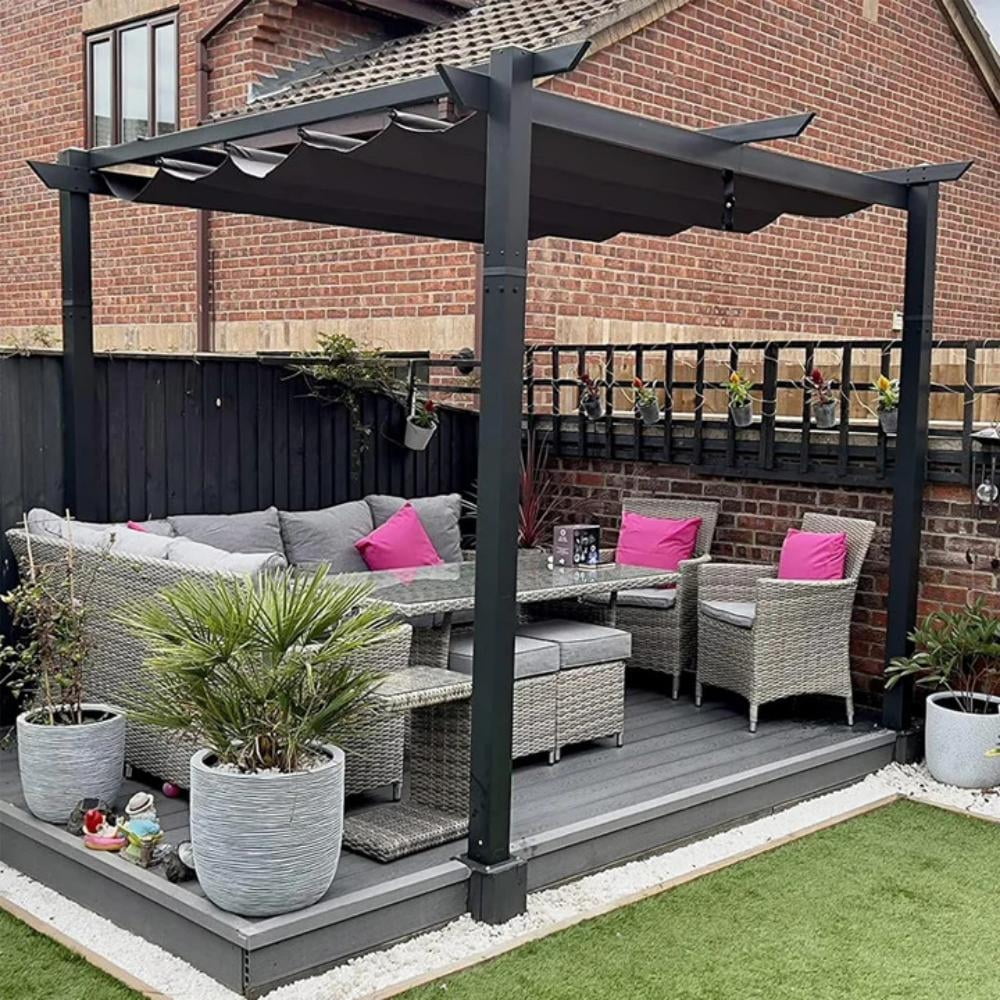 Gray Aluminum 10' x 10' Retractable Pergola with Shade Canopy