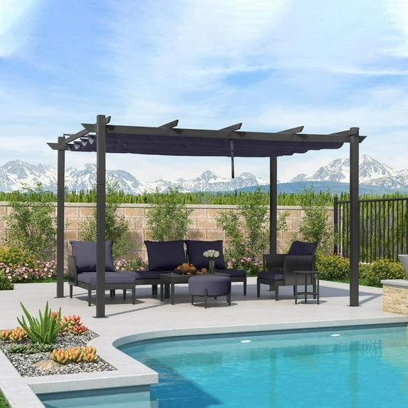 PURPLE LEAF Outdoor Retractable Pergola with Sun Shade Canopy 10' x 13' Patio Aluminum Pergola Shelter for Backyard Deck Garden Modern Metal Grape Trellis Pergola, Navy Blue
