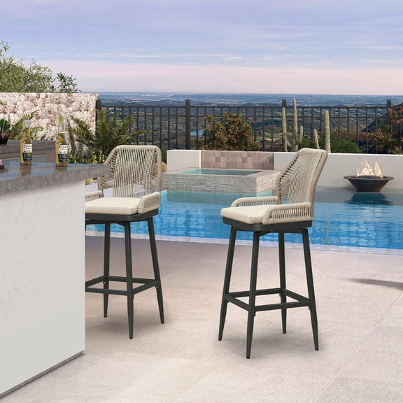 PURPLE LEAF Outdoor Swivel Bar Height Stools Set of 2 Patio 360° Rotating All-Weather Wicker High Top Stools with Back and Cushion for Outside Backyard Kitchen Bistro Garden, Dark Grey