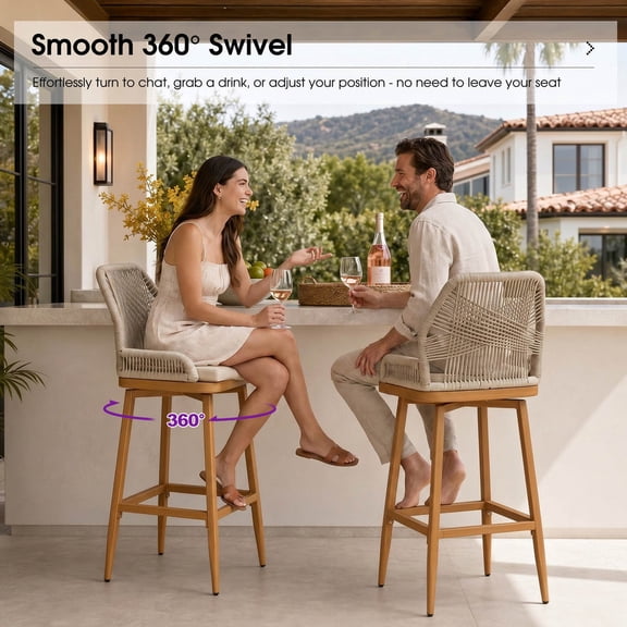 PURPLE LEAF Outdoor Swivel Bar Height Stools Set of 2 Patio 360° Rotating All-Weather Wicker High Top Stools with Back and Cushion for Outside Backyard Kitchen Bistro Garden, Teak