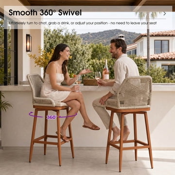 PURPLE LEAF Outdoor Swivel Bar Height Stools Set of 2 Patio 360° Rotating All-Weather Wicker High Top Stools with Back and Cushion for Outside Backyard Kitchen Bistro Garden, Deep Teak
