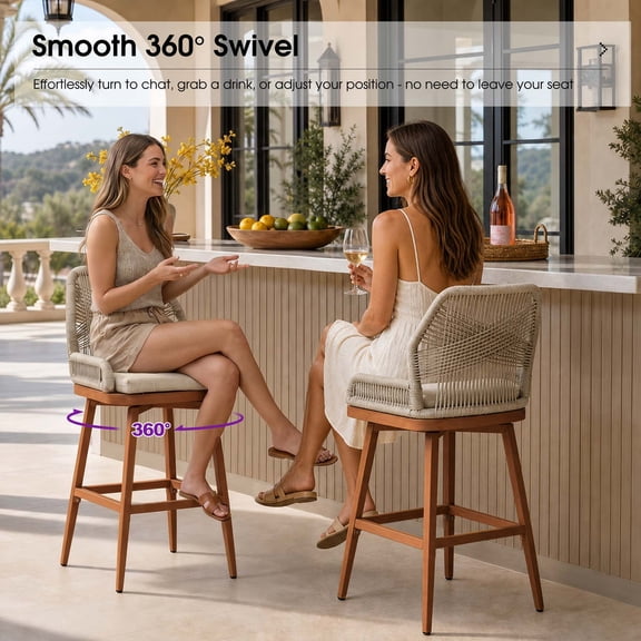 PURPLE LEAF Outdoor Swivel Counter Height Bar Stools Set of 2 Patio 360° Rotating All-Weather Wicker Stools with Back and Cushion for Outside Backyard Kitchen Bistro Garden Bar, Deep Teak