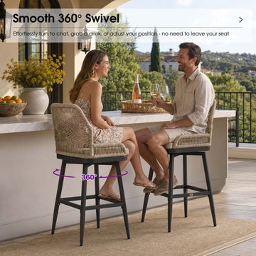 PURPLE LEAF Outdoor Swivel Counter Height Bar Stools Set of 2 Patio 360° Rotating All-Weather Wicker Stools with Back and Cushion for Outside Backyard Kitchen Bistro Garden Bar, Drak Grey