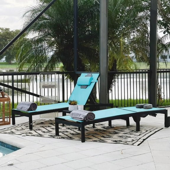 PURPLE LEAF Outdoor Tanning Lounge Chair Set with Face Hole Aluminum Adjustable Reclining Lounger for Poolside Beach Sunbathing with Wheels Pillows and Table Patio, Turquoise Blue