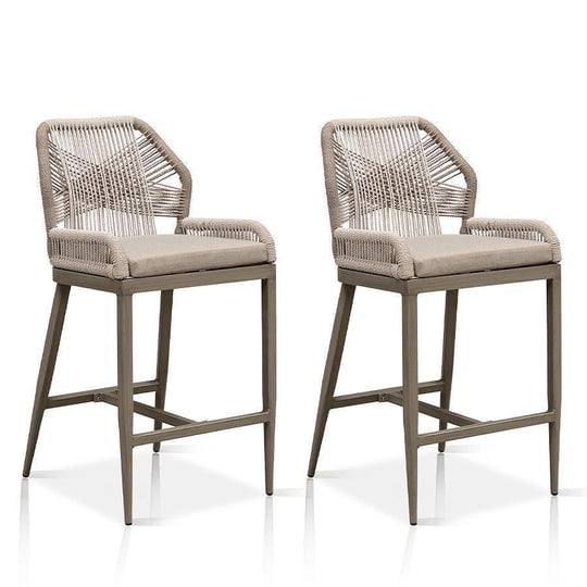 PURPLE LEAF Outdoor Woven Back and Cushions Bar Stools Set of 2, Light Grey