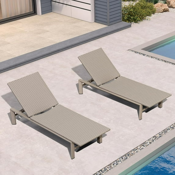 PURPLE LEAF Oversize Outdoor Chaise Lounge Set of 2, Patio Wicker Poolside Chairs with Adjustable Backrest, Aluminum Sun Loungers for Garden, Backyard, Poolside ,Cream