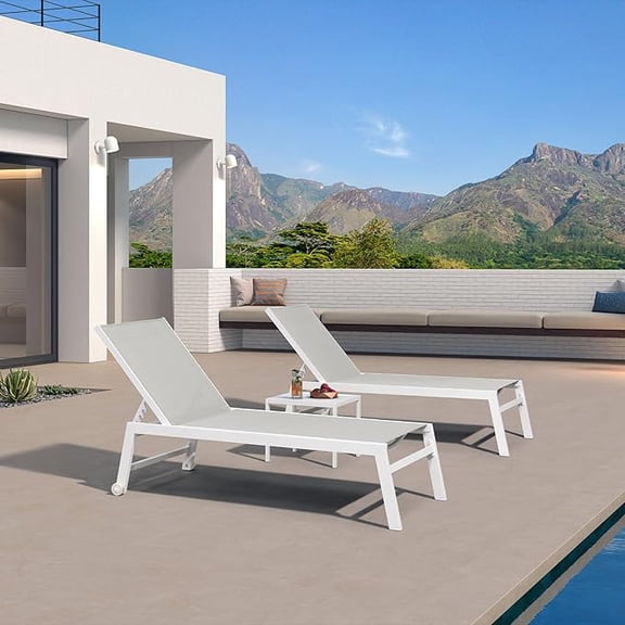 PURPLE LEAF Oversize Outdoor Chaise Lounge Set of 3, White Aluminum Lounge Adjustable Chairs with Wheels and Table for Patio Deck Pool Yard,Ivory