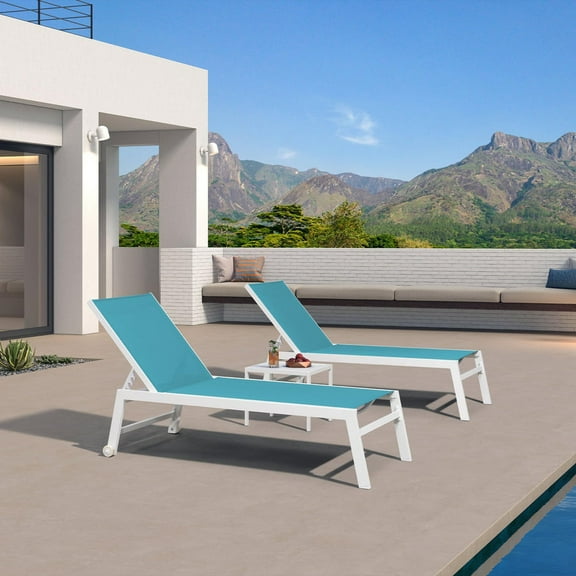 PURPLE LEAF Oversize Outdoor Chaise Lounge Set of 3, White Aluminum Lounge Adjustable Chairs with Wheels and Table for Patio Deck Pool Yard,Turquoise
