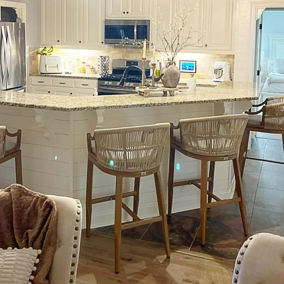 PURPLE LEAF Patio Bar Stools Set of 2 Outdoor Wicker Modern High Bar Chairs Metal Cushioned Barstools with Backs and Ergonomic Armrest for Balcony Garden Indoor Kitchen Island, Teak