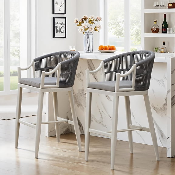 PURPLE LEAF Patio Bar Stools Set of 2 Outdoor Wicker Modern High Bar Chairs Metal Cushioned Barstools with Backs and Ergonomic Armrest for Balcony Garden Indoor Kitchen Island, White