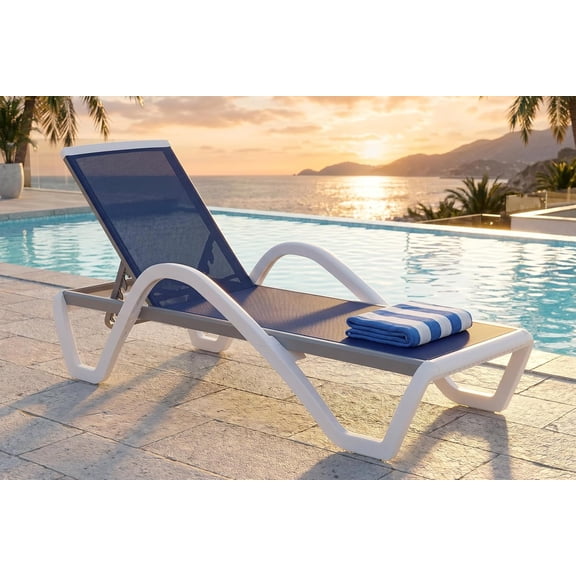 PURPLE LEAF Patio Chaise Lounge Chair Outdoor Plastic Textilene Sun Bathing Recliner Tanning Pool Lounger with 6 Adjustable Position for Outside Beach in-Pool Lawn Poolside, Navy Blue