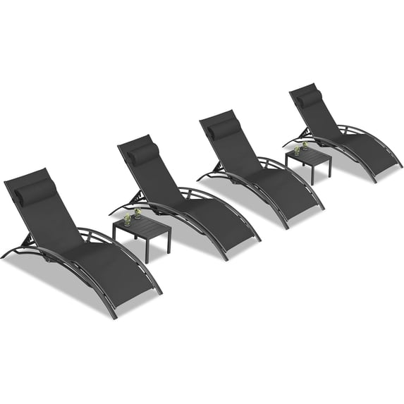 PURPLE LEAF Patio Chaise Lounge Chair Set with 2 Side Table Outdoor Pool Adjustable Recliner Chairs for Outdoor Beach Poolside Sunbathing Tanning Lounger,Black