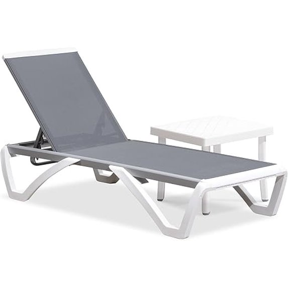 PURPLE LEAF Patio Chaise Lounge Chair Set Outside Aluminum Plastic Stackable Tanning Outdoor Lounger with Side Table for Pool Sunbathing Beach Deck Outside, Light Grey