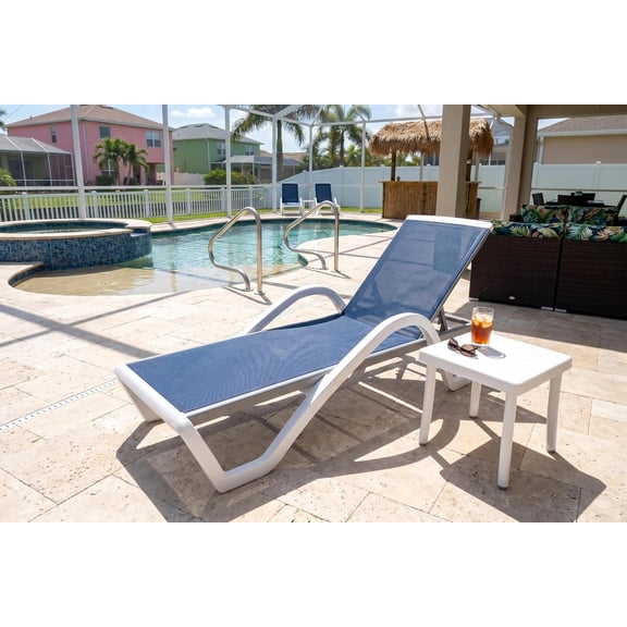 PURPLE LEAF Patio Chaise Lounge Chair Set Plastic Textilene Outdoor Lounger with Side Table 6 Adjustable Positions Sunbathing Tanning Recliner for Pool Outside Beach Lawn, Navy Blue