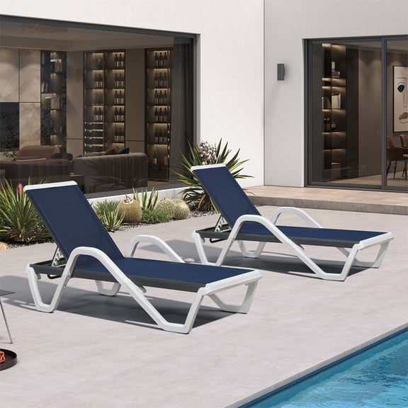 PURPLE LEAF Patio Chaise Lounge Plastic Pool Outdoor Lounge Chair Set of 2 with Aluminum Frame Stackable Patio Tanning Chairs for Poolside Sunbathing Beach Deck Yard，Navy Blue