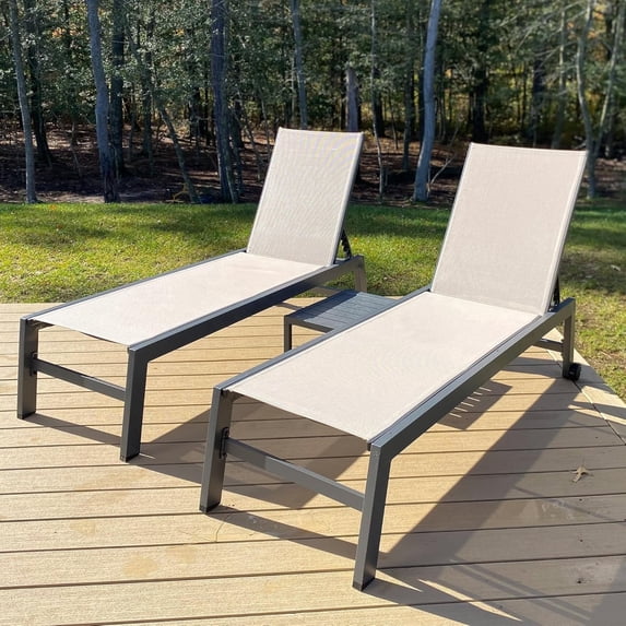 PURPLE LEAF Patio Chaise Lounge Set 2 Pieces Textilene Pool Lounge Chairs with Wheels Sunbathing Chair for Outdoor, Beach, Yard, Side Table Included, Beige