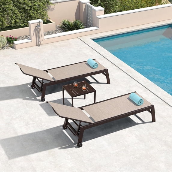 PURPLE LEAF Patio Chaise Lounge Set of 2, Aluminum Reclining Loungers with Side Table, Adjustable Backrest & Wheels – Waterproof, Easy to Assemble for Deck, Pool, Lawn, or Garden,Marble White