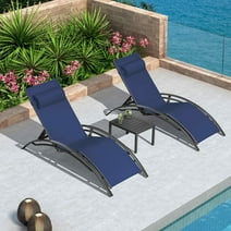 PURPLE LEAF Patio Chaise Lounge Set of 3 Outdoor Beach Pool Sunbathing Lawn Lounger Recliner Outside Tanning Chairs with Arm for All Weather, Side Table Included, Navy Blue