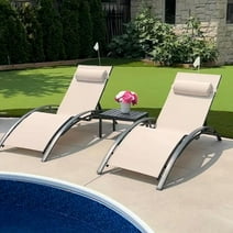 PURPLE LEAF Patio Chaise Lounge Set of 3 Outdoor Lounge Chair Beach Pool Sunbathing Lawn Lounger Recliner Chiar Outside Tanning Chairs with Arm for All Weather, Side Table Included, Beige