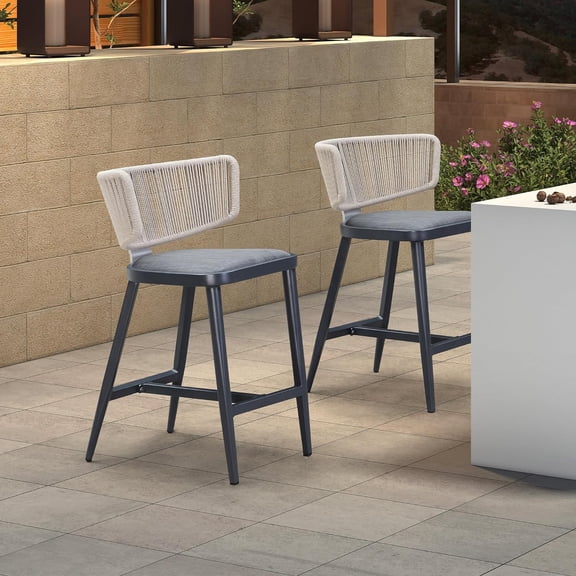 PURPLE LEAF Patio Counter Height Bar Stools Set of 2 Modern Wicker Barstools Indoor and Outdoor Bar Chairs with Ergonomic Back and Cushion, Grey