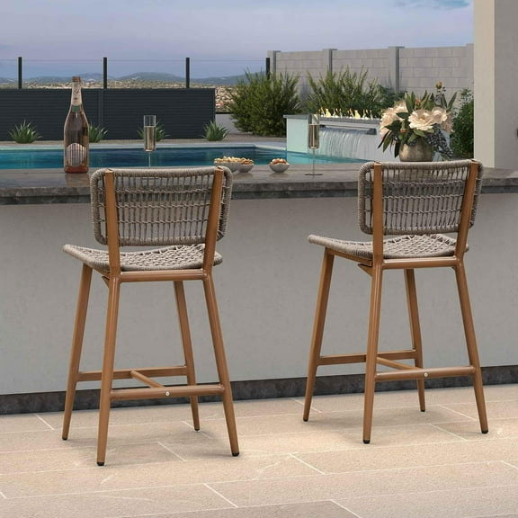 PURPLE LEAF Patio Counter Height Bar Stools Set of 2 Outdoor Barstools with Back Wicker Woven Stools Bar Chairs for Indoor Kitchen Island Pool