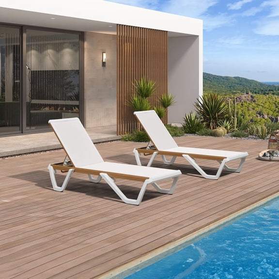 PURPLE LEAF Patio Lounge Chair Set of 2 White Chaise Lounge Chairs Five-Position Adjustable Plastic Stackable Chaise for Pool Sunbathing Beach Deck Outdoor,White