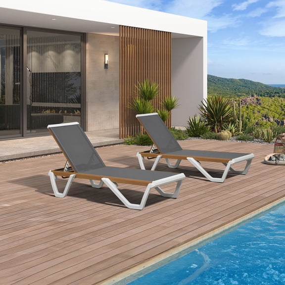 PURPLE LEAF Patio Lounge Chair Set of 2 White Chaise Lounge Chairs Five-Position Adjustable Plastic Stackable Chaise for Pool Sunbathing Beach Deck Outdoor，Gray