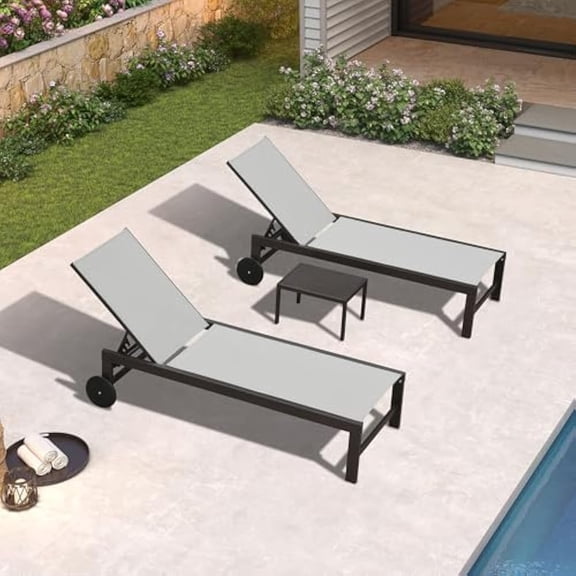 PURPLE LEAF Patio Outdoor Chaise Lounge Chair Set of 3, Aluminum Pool Lounge with Side Table，Adjustable Backrest and Wheels for Deck, Outside, Lawn, Garden，Linen