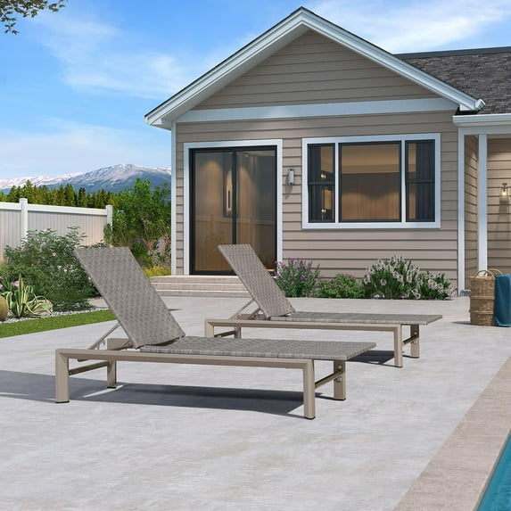 PURPLE LEAF Patio Oversized Chaise Lounge Rattan Chair Set of 2 Outdoor Pool Adjustable Recliner Wicker Chairs for Outside Woven Furniture Tanning Poolside Lounger Slate ,Light Gray