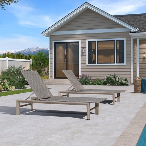 PURPLE LEAF Patio Oversized Chaise Lounge Rattan Chair Set of 2 Outdoor Pool Adjustable Recliner Wicker Chairs for Outside Woven Furniture Tanning Poolside Lounger Slate ,Light Gray